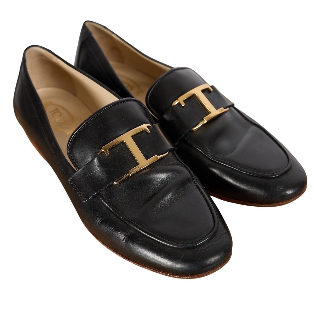 Tods Kate Loafers Black Leather T Timeless Gold Hardware Flat Shoes‎ Size 35